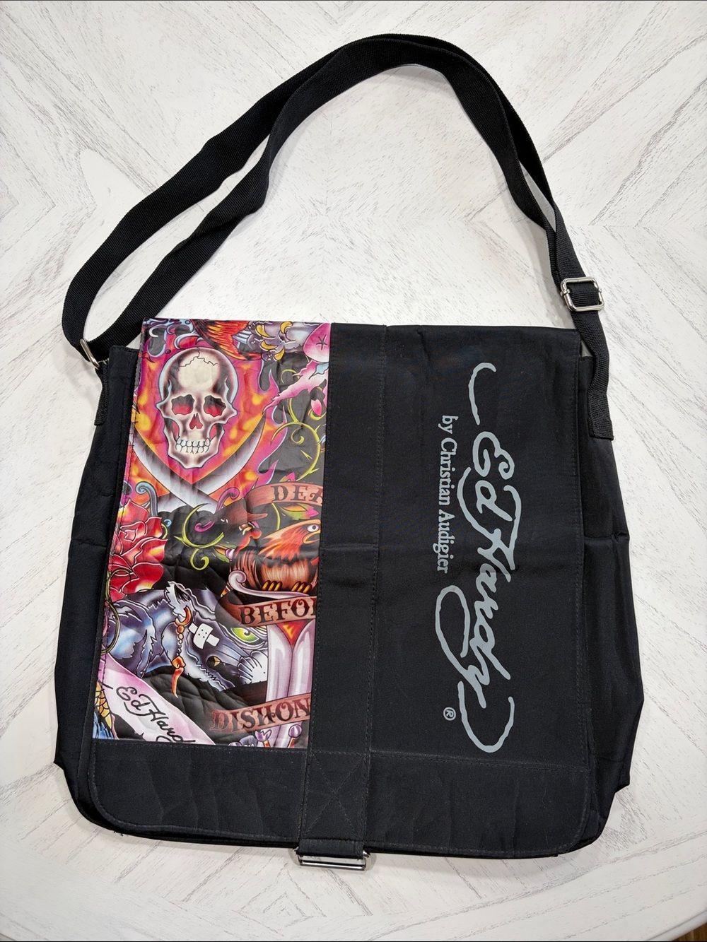 Christian Audigier Black Messenger Bag with Multicolor Tattoo Panel